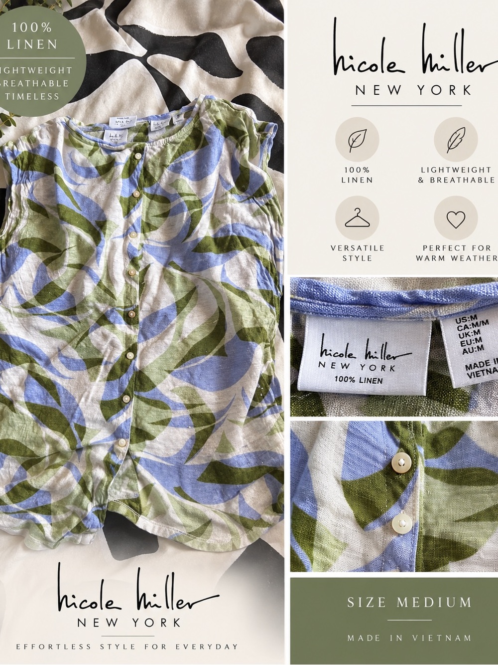 Nicole Miller Kids' Linen Button-Front Top — Blue & Green Print